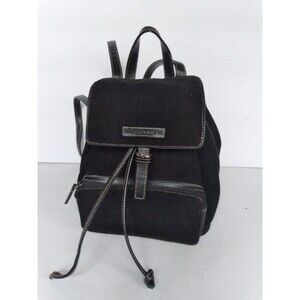 Vintage Black Corduroy Mini Backpack with Leather Trim Drawstring Casual Daypack